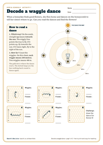The first page of the waggle dance sheet: a map with the hive in the middle and lettered flower patches, and six dance cards.