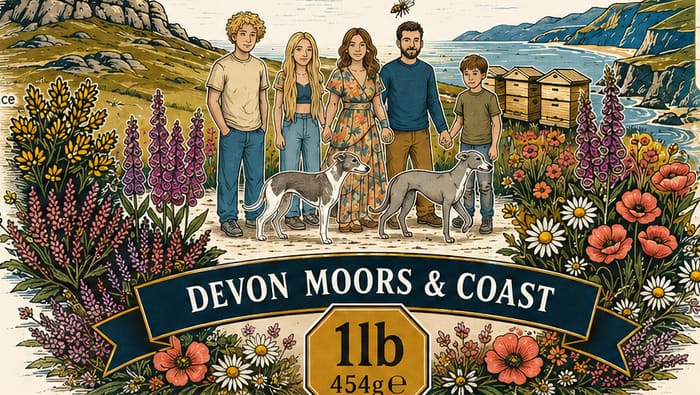 The illustration from our jar label: the family and two whippets among Devon wild flowers, with the hives, the moor and the coast behind.
