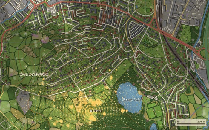 Hive Mind: a painted map of Wolborough and Decoy Lake in Newton Abbot, with gold dots of foraging bees spreading out from a hive at a field edge.