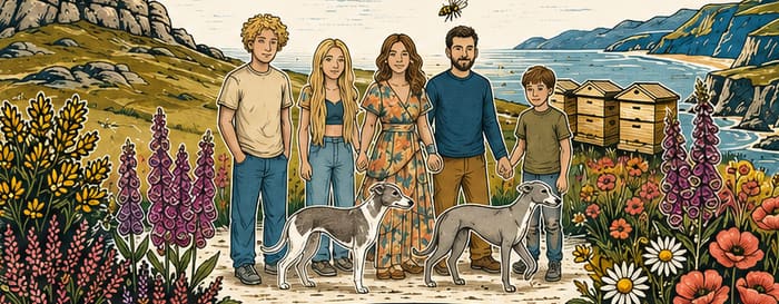 Illustration from our jar label: the family and our two whippets standing among heather, foxgloves and poppies, with the hives, Dartmoor tors and the Devon coast behind.
